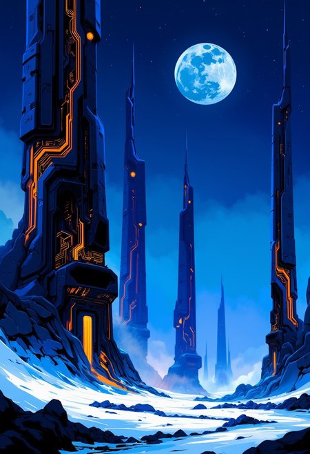 Inkpunk Anime, abstract inksketch in blue and black of towering, enigmatic alien structures rising from a barren, icy landscape. Each tower is adorned with intricate, glowing lines of orange and blue lights, hinting at the advanced technology within. In the distance, other towering monoliths are visible, silhouetted against a dark blue night sky wuth stars and a cratered moon