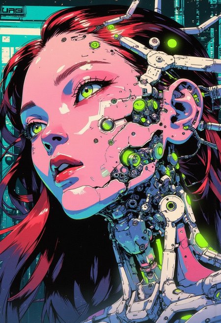<lora:ck-Goro-Fujita:1>, digital artwork in the style of ckgf, A mesmerizing close-up portrait of an alien woman, her striking features blending extraterrestrial elegance with subtle mechanical elements. Her skin has a smooth, otherworldly texture, adorned with small, organic patterns. Her long, wavy hair cascades around her face, but in the Virtualboy-style palette of red, white, and black. Mechanical elements are seamlessly integrated into her face and neck—sharp, angular pieces emerge like delicate circuitry. The chiaroscuro-inspired lighting brings deep contrast, with bold shadows enhancing her alien beauty. The background features a cyberpunk workshop, and the limited palette emphasize the alien and mechanical features, while a soft green glow outlines parts of her face and hair, creating a futuristic yet nostalgic visual reminiscent of early handheld gaming
<lora:ck-nc-pastel-cyberpunk:0.3>
<lora:ck-MetalGearSolid:0.25>
<lora:RetroAnimeFluxV1:0.25>