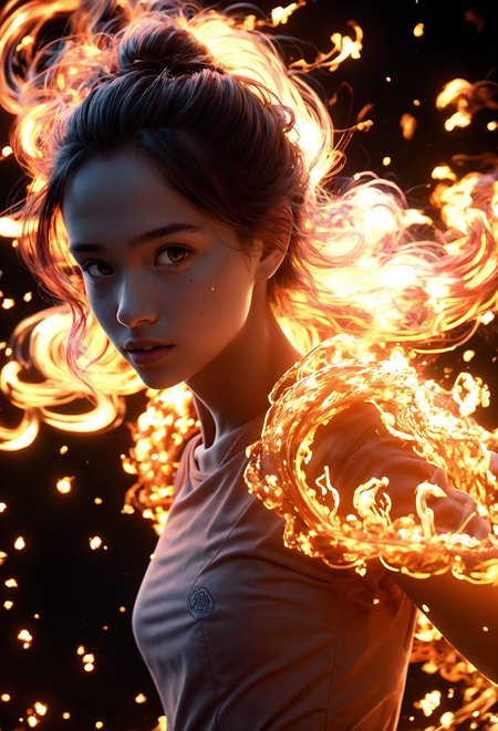 tiny, (young, 19 years old), cute, masterpiece, high quality, HD, cinematic still, , ((cell shading)), vivid colors, ambient lighting, ultra-detailed, illustration, colorful, best quality, highres, best shadow, best illumination, finely detail, 4k, (extremely detailed), (8k wallpaper), (best quality), hard lighting, (tracing), (intense shadows), nude, fire, ash, sparks <lora:FireMan:1.0> outstretched arms