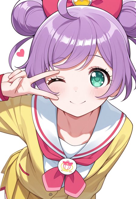 best quality, masterpiece, absurdres, manaka laala, kashikoma!, v, one eye closed,  school uniform,  hair bun,  heart   <lora:manaka_laala:1>