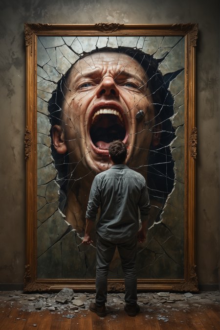 a man that is standing in front of a painting, a hyperrealistic painting, inspired by Sam Spratt, shutterstock contest winner, shock art, man carving himself out of stone, cracking glass through reality, art in an absurdist style, devouring