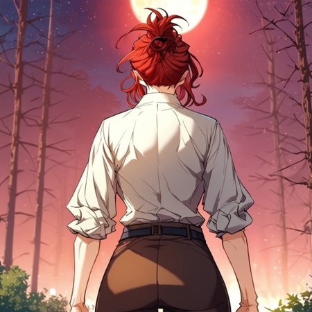 score_9, score_8_up, score_7_up, masterpiece, very high quality, Anime_source, AliciaTermina, blue eyes, red hair, medium hair, ponytail, working uniform, epiCPhoto, brown pants, white top, belt, abs, trees, dark sky, ass, moon, tight pants