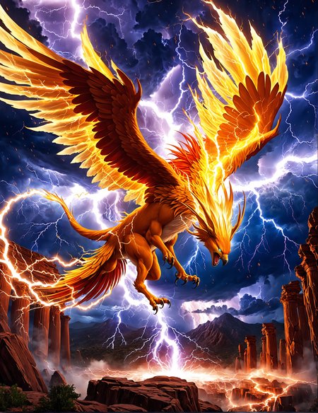lightning spirit, legendary lightning phoenix,  hyperrealistic, intense lightning wave, vibrant orange and red hues, intricate details, beautiful lightning sparks, thunder storm,  dynamic motion, glowing plasma, celestial lightning, high contrast, luminous, dramatic lighting, powerful lightning energy, otherworldly, cosmic spectacle, high-definition, atmospheric, intense electricity, 
electrical arc, broken pillars, air waves