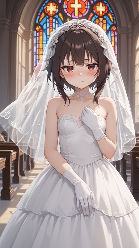 , stained glass,  church,altar,, seductive look, narrowed eyes, blush  ,  <lora:Megumin_V2_Pony:0.8> Meguminn,:short_hair,1girl, sidelocks, brown_hair, red_eyes, small_breasts , <lora:Bridal_Dress_Pony:0.8> wedding dress embarrassed,, bridal veil, , flower, , gloves,, score_9, score_8_up,score_7_up,score_6_up,