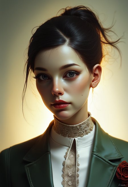score_9, score_8_up, score_7_up, score_6_up, score_5_up, score_4_up, realistic, A stylish image of a model in a tailored, deep green velvet suit with wide-legged trousers and a fitted blazer. The suit is paired with a crisp white blouse, unbuttoned at the collar, her hair pulled into a sleek ponytail, her posture exuding confidence and grace. , backlight, cinematic photoshot <lora:ponys-dream:.9>
