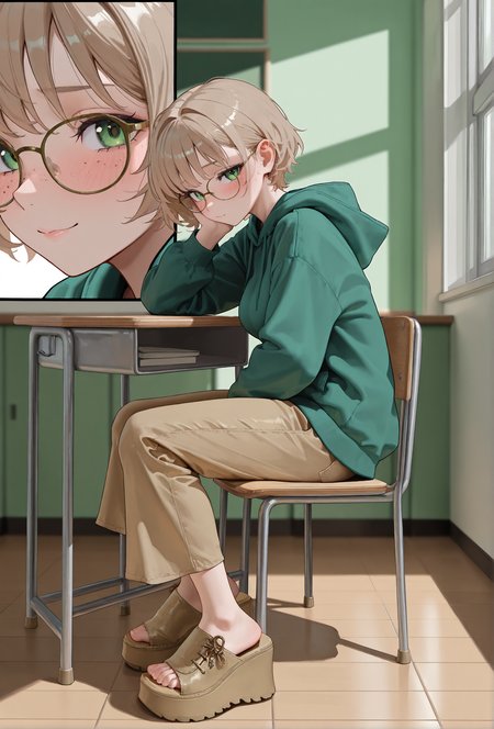 masterpiece, best quality, amazing quality, very aesthetic, high resolution, ultra-detailed, absurdres, newest, scenery, dramatic shadow, volumetric lighting,
multiple views, close-up inset, 
foot focus, perfect feet, 
(1gu4n4 sandals), (platform footwear), light brown footwear,
1girl, 
classroom, sitting in chair, desk,
green theme,
from side,
loose clothing, green hoodie, loose pants, brown capri pants, glasses,
blushing, looking at viewer, flirting, shy,
cute face, perfect face, freckles,
medium breasts,
light brown hair, short hair,