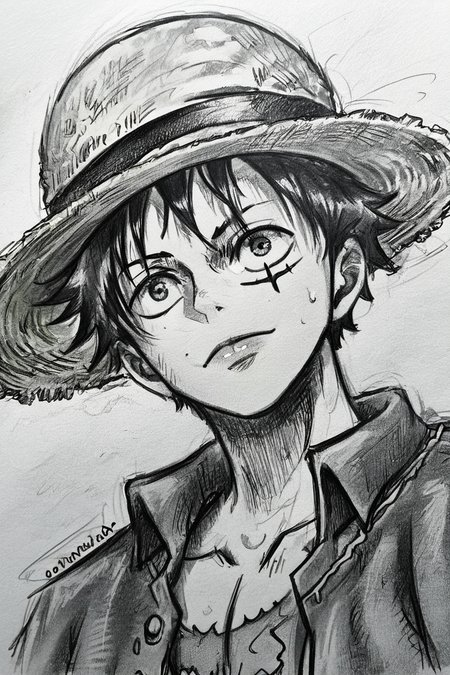 score_9, score_8_up, score_7_up, score_6_up, score_5_up, score_4_up,<lora:LUFFY_pony_XL:0.8>, Luffy, jacket, scar on chest, straw hat, black hair, <lora:drawing_style_pony:0.8>, drawing_style, drawing, sketch, 1boy, looking at the viewer, solo, alone, lines drawing, monochrome, greyscale, masterpiece, highres