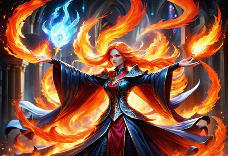 hyper detailed masterpiece, dynamic, awesome quality,  pyro force DonMM4g1cXL magic, sorceress <lora:DonMM4g1cXL:1>