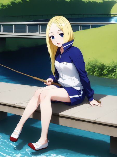 pixiv masterpiece, source_anime, score_9, score_8_up,  score_7_up, score_6_up, absurd res, BREAK
 <lora:Nino_arakawa_under_the_bridge_illu_v24-000017:1>, nino_arakawa_il, 1girl, solo, tracksuit, number_tag, blue_shorts, looking at  viewer, full body, uwabaki_shoes,small breasts, open mouth, sitting, holding  fishing rod,  water,  sunny day, (bridge:0.85),