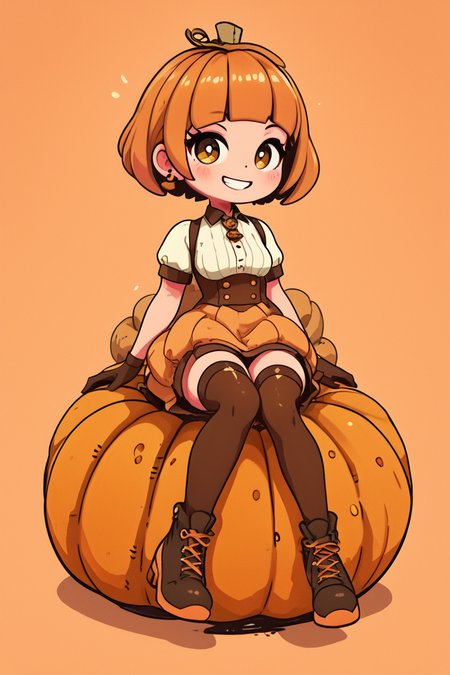 score_9, score_8_up, score_8, medium breasts, (curvy), cute, eyelashes,       BREAK, , ,,, zzPmpknGrl, brown eyes, short hair, brown hair, blunt bangs,  gloves, thighhighs, short sleeves, jack-o'-lantern, pumpkin, shirt, sitting, white shirt, <lora:PumpkinGirl_Masashi_PDXL:0.8>,   ,,, , BREAK, socks, big shoes, ,,, smile, looking at viewer, cowboy shot, ,,, embedding:zPDXL, Expressiveh, ,,, <lora:CuteToonPDXL:1.0>, <lora:SDXLFaeTastic2400:0.5>, <lora:Expressive_H-000001:0.4>,