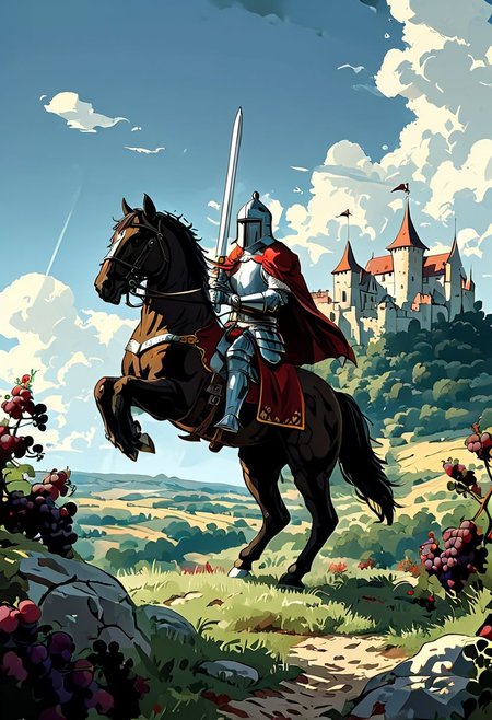 a strong knight is riding his brutal horse, he armes his big sword)), a medieval French chateau + grape hills + sunny day + white clouds; sharp background + sharp foreground +amazing depth +double exposure + perfect balanced + deep fine borders, smooth, educed details, extra digits, strong geometric shapes, masterpiece, rich colors, wide angle view + ultra-wide angle perspective, realistic shadows, center composition + symmetry + balance, high detail face + high detail skin, dynamic pose, sharp focus + reduced details; hot wax pipette + laser sharp pen + abrasive eraser, <lora:Modern_Cartoon_Style:0.4>