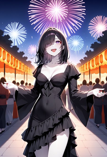 solo,
1girl, black hair, pale skin, purple eyes, hair over one eye, medium hair, medium breasts, red lipstick,
kinono, japanese clothes, makeup, fully clothed,
smile, looking up, standing, cowboy shot, happy, open mouth,
fireworks, park, crowded, festival, 
matakawadress, long dress, long sleeves, asymmetrical skirt, frills dress, bare neck, black dress,  <lora:MatakawaDressIlv2:1>,
 <lora:gogalkingIL-style:0.8>