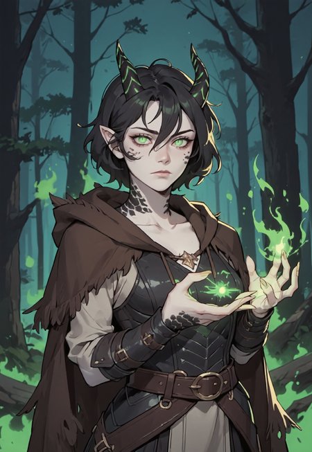 safe_pos, ((zPDXL3)), score_9, score_8_up, score_7_up, score_6_up, score_5_up, score_4_up,
1girl, solo, Adult Woman, Slender Build, pale skin, short hair, wild hair, hair between eyes, looking at viewer, pale green eyes, slit pupils, black pupils, plain expression, medium breast, black hair, (extremely detailed face and eyes), closed mouth, collarbone, outdoors, tree, night, nature, leather armor, forest, in tree, hood, fur cloak, horns, neck scales, sholder scales, casting spell, green energy, green ball, glowing green fire, black scales, black dragon, dragon girl,