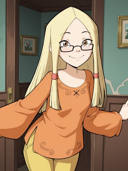 (masterpiece,best quality,newest,absurdres,highres), Gr3taBarrym0re, 1girl, solo, long hair, blonde hair, glasses, orange shirt, long sleeves, yellow capri pants, smile, looking at viewer  <lora:Greta_Barrymore_IllustriousXL:1>