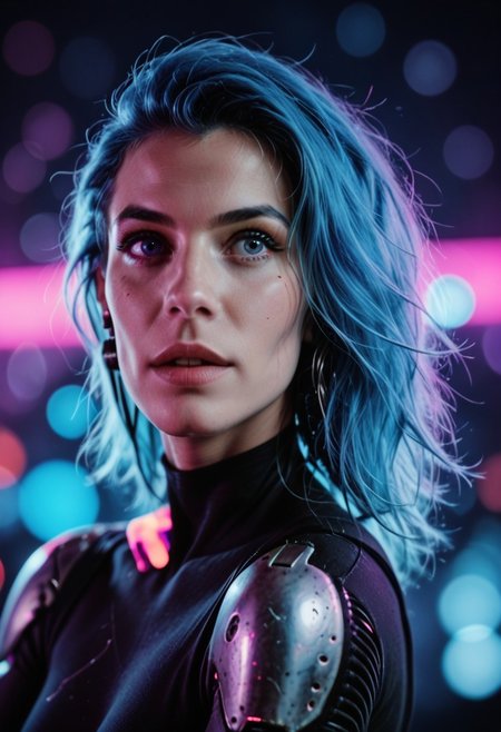 score_9, score_8_up, score_7_up, cyborg, ar3na1989, 1girl, blue hair, (neon purple light), pop singer, (bokeh), sci-fi, dark atmosphere, moody, aesthetic,