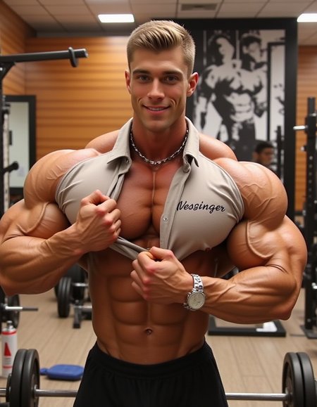 A modern high-resolution photograph of a tall male (18-20) masculine bodybuilding male with athletic body and face. His physiques is masculine and with exaggerated bodybuilder muscles physique, he wears a silver dog collar. He smiles lifting his shirt to exposing his abs by lifting his shirt. the man is in a gym. the man is positioned centrally in the frame. he has high-fade top hair and a light complexion. his shirt has the text "Wessinger" printed the front. his facial expression is neutral.
the background shows a well-equipped gym with a wooden paneled wall and a large mirror on the left side. various fitness equipment, including dumbbells and a barbell, is visible on the left side of the image. there are two large mirrors on the left wall, one above the other, reflecting the gym's interior. the floor is tiled, and the lighting is bright, suggesting it is daytime. a black and white poster of a person in a workout pose is mounted on the wall behind the man, adding to the gym's ambiance. the overall setting is a typical gym environment, with a focus on strength training. the photograph has a realistic, candid quality, capturing a moment of a person working out in a gym setting, young bodybuilder 