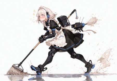 score_9, (masterpiece, best quality, dynamic composition), 8k, 1girl, 18 years old, humanoid, cute, kawaii, short white hair, side view, flustered expression, eyes wide open, eyebrows raised, blushing cheeks, eyes detail,
BREAK
wearing a frilly maid outfit, black and white color clothes, fluttering apron and skirt, puffed sleeves, lace headband,
BREAK
mechanical skin, mechanical arms and legs, small mechanical headgear, white body panels with subtle silver and blue trim,
BREAK
holding a mop both hands,(running while mopping the floor from left to right:1.4), mop extended forward, one foot lifted mid-stride, exaggerated motion,
BREAK
(floating mini mecha behind her air:1.4), small thruster effects, propellers or hovering boosters,
BREAK
white background, soft clean floor, motion lines around mop and limbs, scattered cleaning bubbles or sparkles, comical and playful atmosphere