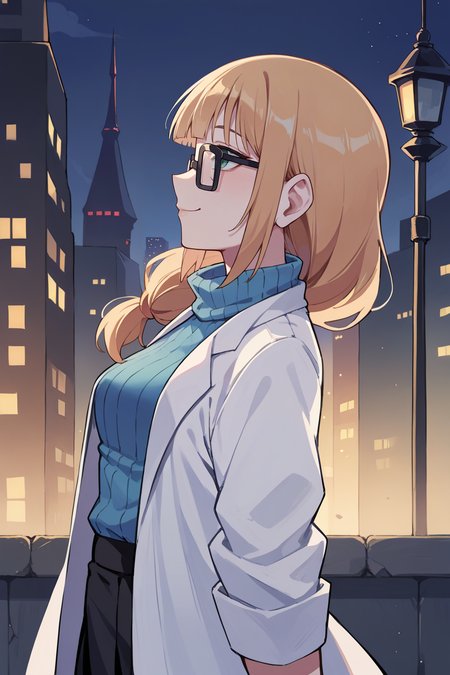 score_9, score_8_up, score_7_up, score_6_up, source_anime, BREAK 1girl <lora:pkmnoleana-pdxl-nvwls-v1-000005:1> pastOleana, blunt bangs, tied hair, hair over shoulder, glasses, labcoat, blue turtleneck sweater, long sleeves, miniskirt, black pantyhose, night sky, from side, profile, looking up, smile, city, night