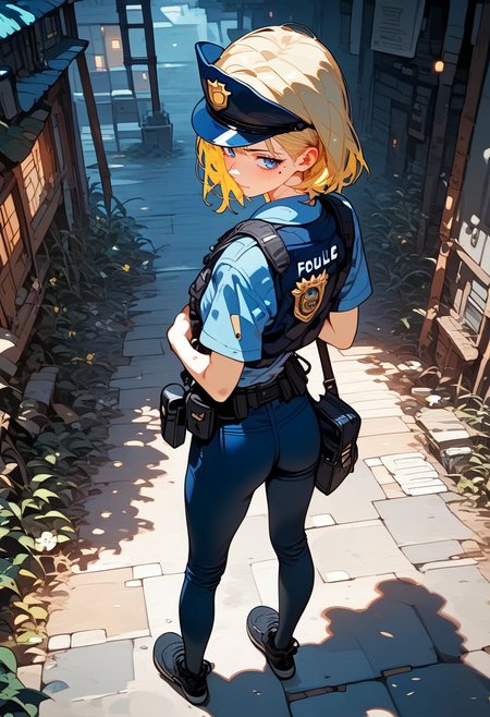 score_9, score_8_up, score_7_up, score_6_up, score_5_up, score_4_up, source_anime, 1girl, solo, 18yo, (slim face:1.5), (bangs:1.2), skinny, thin body, wide hips, thin thighs,
cowboy shot,
(from behind:1.5),
from above,
<lora:age_slider_v4:2> <lora:Expressive_H:1><lora:Kenva:1><lora:naipf:0.7> 
1girl, solo, (full body:1.5), from behind, looking back, ass, small breasts, very short hair, blonde hair, blue eyes, light smile, police cap, shoulder bag, bottomless, police shirt, vest, outdoors, town,