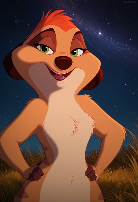 score_9, score_8_up, score_7_up, solo,  Expressiveh, (Timon'sMa, female meerkat, brown body, brown fur, tan body, tan fur, two tone body, two tone fur, green eyes, red hair, short hair, brown nose, furry, anthro), smile open mouth, teeth, bedroom eyes, (hands on hips, standing), africa, grass, night, stars, midnight, female focus, looking at viewer, detailed background, 4k, masterpiece, best quality, highly detailed, realistic