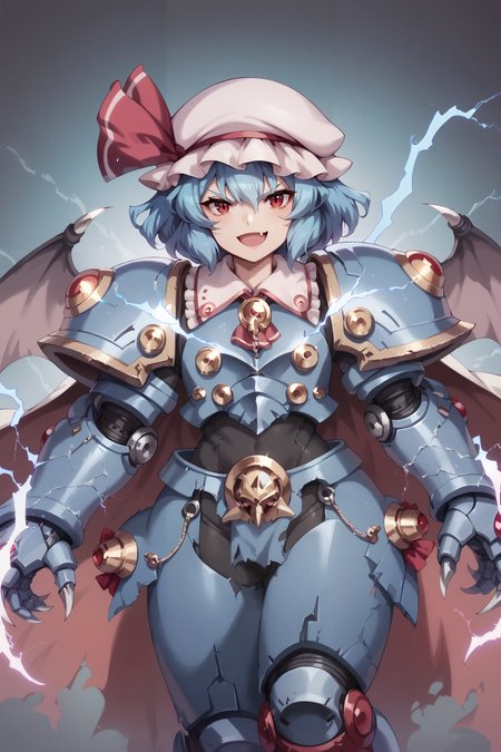 score_9, score_8_up, score_7_up, score_6_up,
anime coloring, NightL40K, 1girl, (wearing power armor:1.2),  remilia scarlet, wings, blue hair, bat wings, mob cap, fang, red eyes, simple background, looking at viewer, pink headwear, smile, ribbon, hat ribbon, red ribbon, short hair, wearing power armor, jetpack, cape on her back, night, gothic, electricity, claws, power claws, lightning claws, glowing,