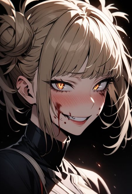 (masterpiece), (best quality), (ultra-detailed), 
1girl, solo,  gorgeous lips, an elegant face, 
light particle, particle, shadow, 
Himiko Toga, My Hero Academia, detailed lips , black detailed pupils, blush, blood on face, evil grin , upper body