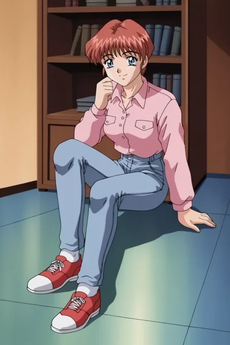 score_9,  best, masterpiece, uncensored,
indoors,
1girl, solo, smile, 1990s (style), retro artstyle,
LTHRMNMihono, tucked in collared pink shirt with long sleeves, jeans, red sneakers with white soles
<lora:LeathermanMihono:0.8>​​​