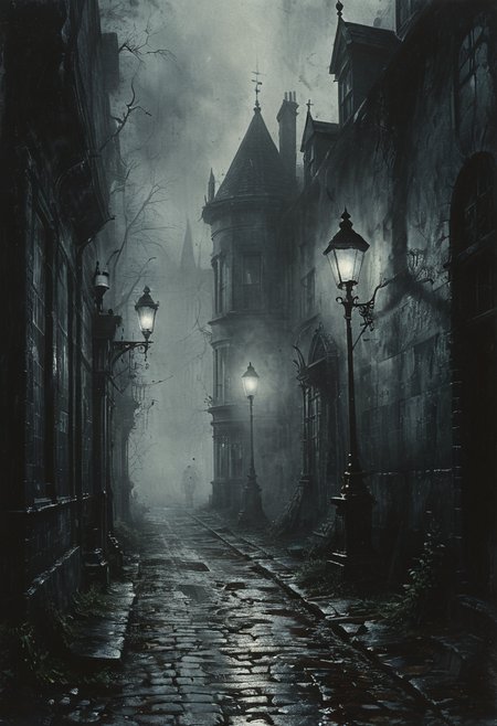 Victorian street, cobblestone road, gas lamps casting flickering light, shadowy figures, detailed gothic architecture, eerie mist, intricate details, high resolution, (dark fantasy, eerie:1.3), (haunting, atmospheric:1.2), (nightmarish:1.4), masterpiece quality <lora:Desolation:0.5>, <lora:The_Horror_Style:0.5>