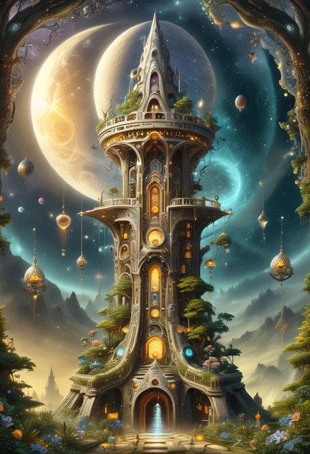 an intricate tower, biomorphic mythical serpent wrapped around tower, (negative space, layer, sigils). orbs and moons, holographic astral keys, tetrahedral trees, (three planes),  stack, flower tiles, OverallDetail, DonMX3n0T3chXL