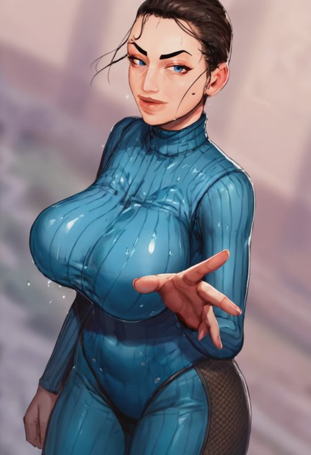 score_9, score_8_up, score_7_up, 1girl, sara_taffytales, large_breasts, portrait, solo, looking_at_viewer, open_eyes, Walking with one hand swinging a lasso, dutch_angle, (Blue-violet Wet Suit), face,rating_safe, <lora:pony\characters\sara_taffytales_pony:1.0>
