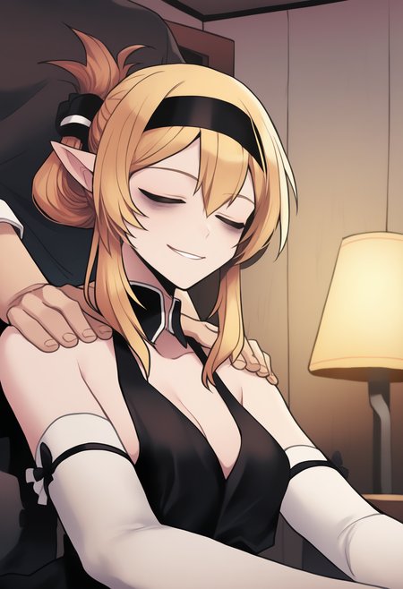 (re ghotion:0.6), masterpiece, best quality, <break> 1boy, massage, hands on another's shoulders, upper body, 1girl, th4lia, smile, closed, sitting, long hair, blonde hair, sidelocks, hair between eyes, folded ponytail, black hairband, pointy ears, closed eyes, bags under eyes, long dress, black dress, detached collar, sideboob, white gloves, elbow gloves, bare shoulders, cleavage, indoors, wooden wall, ceiling light
<segment:yolo-Anzhc Face seg 640 v2 y8n.pt,0.4,0.5//cid=1>
