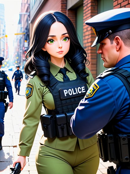 anime, best quality, (masterpiece:1.4), (high quality:1.4), sharp focus, 4k, absurd resolution, detailed hands, curly hair, long hair, (black hair:1.6), 1girl, mature female, (parted hair:1.7), (round face), (no_bangs:1.3), (no_fringe:1.6), <lora:ETO_OC_XL:0.7>, (thick eyebrows:0.9), (plump:0.8), round-chin, (greenish brown eyes), (brownish green eyes), caucasian, down-turned eyes, 1girl, (forehead:0.65), <lora:swat gear_xl:0.7> swat gear, weapon, (kissing), gun, uniform, police, rifle, street, officers, soldier, military, officer,