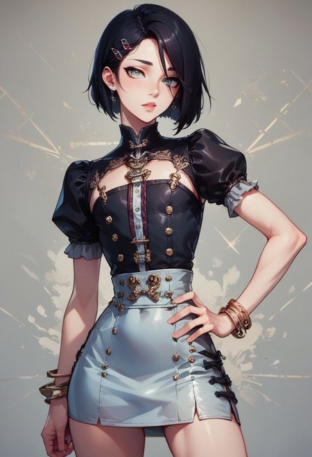 score_9, score_8_up, score_7_up, 1boy, femboy, otoko no ko, short hair, bob cut hair, black hair, grey eyes, gray eyes, feminine face, toned body, Shelly, 
lace minidress, embroidered cutouts, earrings, bracelets, ornate hairclip, 
highly detailed, intricate, zzCitronCAT, contrapposto, one hand on hip, one hand on head, modelshoot, geometric background