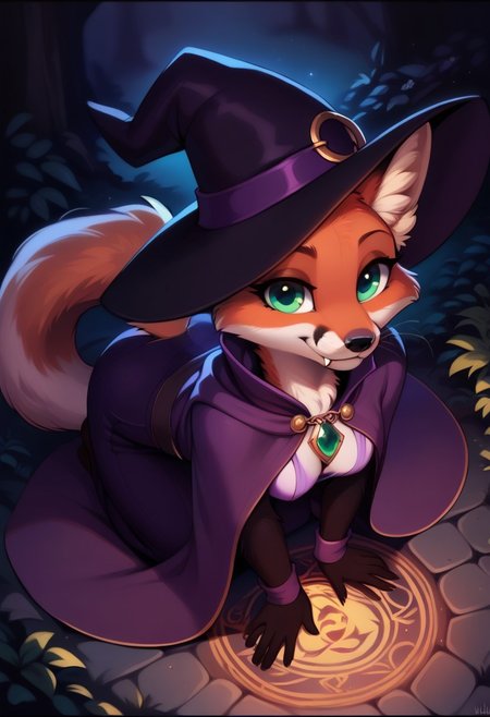 score_9, score_8_up, score_7_up, highres, high quality, perfection,
BREAK 
1girl, (solo: 2.0), girl alone, from above, halloween,
BREAK 
furry female, fox girl, (anthro fox girl: 1.2), beautiful girl, cute girl, adult, 20 years old, detailed body, detailed fur,  shapely girl, (slim body: 1.2), petite body, (bald_girl: 1.2), (baldness: 2.0), detailed face, beautiful face, eyelashes, (green eyes: 1.2), perfect eyes, detailed eyes, fangs, whiskers, medium breasts, fluffy tail,
clothed, (wizard: 1.3), purple robe, purple dress, high collar, cape, purple wizard hat, pendant with green gem,
dynamic pose, sitting in big magic circle, all fours, magic, magic sparks, casting spell, smiling, looking ahead,
BREAK
outdoors, detailed background,