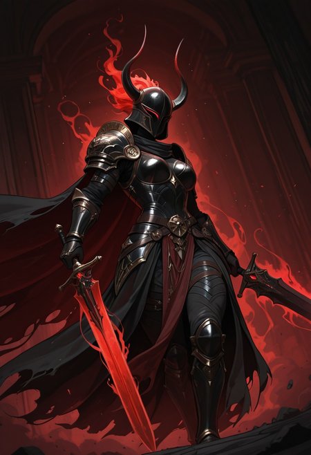 dmsty, helmet Closeup, 1girl, masterpiece, best quality, good quality, newest, highres, absurdres, dark Knightess, Angle, durch Angle, Action Scene, hyperdetailed,  billowing cape, intricate Armor, Torn Cape, Wind, particles, head Closeup, intricate chestplate, intricate pauldron, towering pauldron, Ethereal Aura, Dragon pauldron, Angle, Headshot, Horns, helmet, wielding sword, great sword, muscular, Red and White, two toned, painting, Parodie,