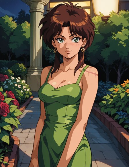 score_9, score_8_up, score_7_up, score_6_up, score_5_up BREAK retro artstyle, 1990s \(style\), 1980s \(style\), (ot0m:1.2), de1, 1girl, green eyes, brown sidelocks hair, smirk, (scar on shoulder:1.1), sleeveless dress, evening gown, bare shoulders, earrings, cleavage, solo, soft light, evening, garden, outdoors, <lora:OtaKingMondayAshlinPDXL32v1.5tx1-000015:0.9>