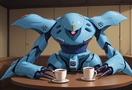 score_9, score_8_up, score_7_up, source_anime, front view, BREAK,  ( hygogg, blue_hygogg_armor, pink monoeye, from side, looking at viewer, long arms, very long arms, long claws) 1mech, blue mech, wide mech, large shoulders, large shoulder armor, mech focus, solo, BREAK, two arms, sitting at table, cup of coffee,