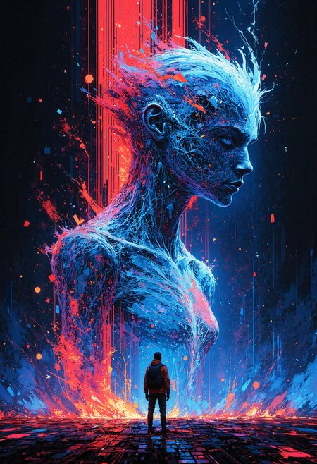 masterpiece, high-quality, techno-luminescent glitch style, A towering digital deity looms before a sprawling grid of shifting code, its short, white-hot hair flickering like a broken hologram. Surges of kaleidoscopic static ripple across the deitys translucent limbs, each flicker warping the environment like a corrupted video feed. The camera angle is wide, capturing glitch-art skyscrapers whose neon lines waver and distort at random intervals. A sense of frenetic energy pervades the hyperdetailed scene, as the deitys every move unleashes swarms of drifting pixel fragments that unravel into shining fractals before fading back into digital oblivion, <lora:FLUX\Anime v1.3:0.5> <lora:FLUX\Emberveil digital painting:0.8>