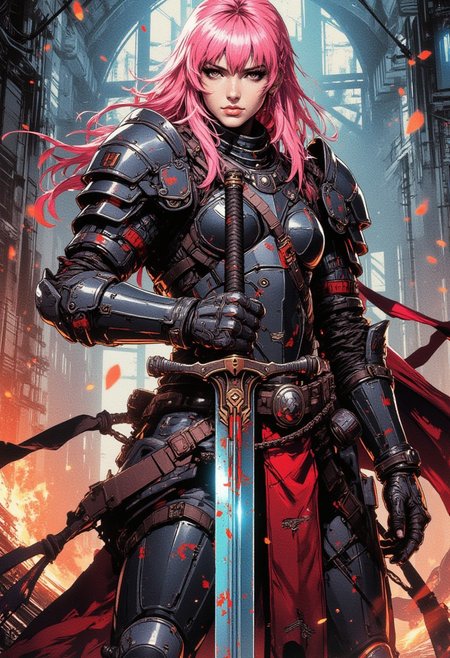 A digital painting in the style of ck-js, nistyle, a female paladin commander. Pink pink hair, eyeliner, eyeleashes, Black lips,  bangs, sidelocks, graffited Full plate armor,  standing in fortress, holding a sacred Avenger light bastard sword
