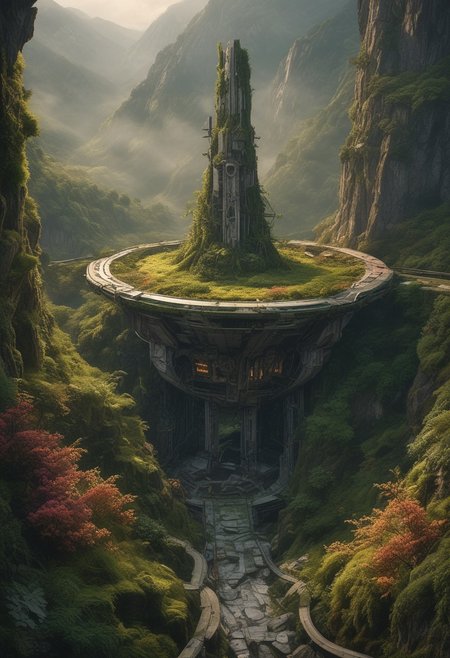 photograph, photorealistic, ultra-realistic, extremely detailed, wide angle, dilapidated out of service futuristic spacedock in a mountainous valley, overrun by nature, trees, moss, vines, flowers, sunrise, dramatic lighting, vibrant color palette