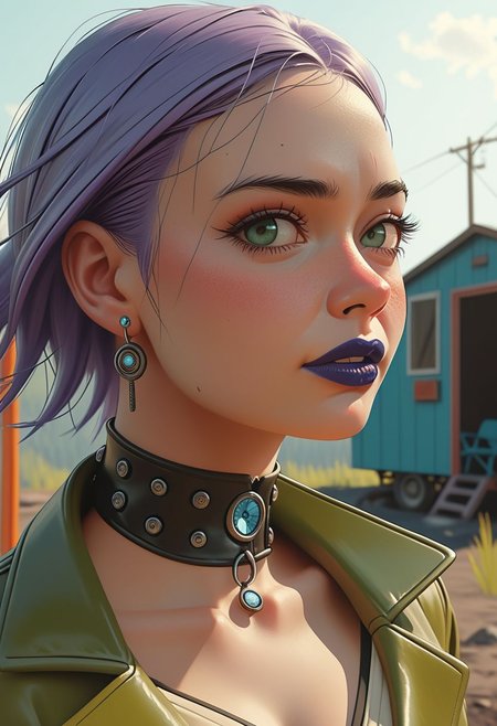 Dynamic wide angle full body view of a country side female goofy baker of an alternative retro-futuristic era. 
Cinematic. 
Raw photo. 
Stunning cleavage
Kissing expression. 
The WOMAN's face must be accurate and visible in any detail.
The WOMAN has side-shaved purple hair.
The hair have cyan tips and green strains. 
The WOMAN has heavy dark smokey makeup on the eyes.
The WOMAN has heavy dark matte dark-blue lipstick. 
The WOMAN wears a very intricate and detailed leather and metal choker. 
The WOMAN wears a piercing on the eyebrow.
The WOMAN wears a precious tiny diamond piercing on a naris. 
The WOMAN wears red dices as ears jewels. 
The WOMAN is looking straight at the viewer with tender expression and she is blushing, slightly shy. 
The WOMAN's skin is very realistic and very accurately detailed.
The WOMAN is subtly smiling. 
Many details everywhere. 
Ray-Tracing. 
Anti-Aliasing. 
Realistic reflections. 
Realistic soft shadows. 
Slightly desaturated colors. 
Insane quality. 
Insane resolution. 
Insane details. 
Masterpiece. 
16k resolution.
By Simon Stalenhag.