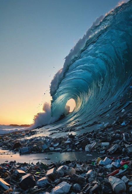 dvr-trsh, a colossal dystopian dark Large and High towering waste wave made of sss mad-garbage and dvr-trsh, Trash, waste and debris bearing down upon the viewer. Illuminate the need for environmental awareness and action through the lens of this powerful bleaked  moody image.
during a beautiful sunrise, drmbgg, OverallDetail, very detailed, raw photo, a blue sunset landscape, photorealistic, high detailed texture, 8k uhd, dslr, soft lighting, high quality, film grain, highly detailed photography, Film grain, cinematic film still, shallow depth of field, highly detailed, high budget, cinemascope, moody, epic, , gorgeous, 2000s vintage RAW photo, photorealistic, candid camera, color graded cinematic, atmospheric lighting, skin pores, imperfections, natural, shallow dof