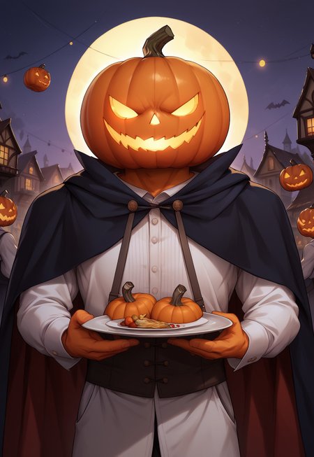 zPDXL3, score_9_up, score_8_up, score_7_up, detailed, (best quality:1.2), hi res, digital media \(artwork\) BREAK night, hige angle, jackolantern, pumpkin head, solo, 1boy, orange skin, cape, muscular, looking at viewer,Western-style clothes, Holding a plate, Tavern waiter, indoor, Halloween party, Halloween, Halloween style, Halloween background,surrounded by pumpkins in an army of carved jack-o'-lanterns, (detailed background:1.5)