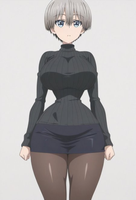 anime screencap, anime coloring, 
simple background, 
<lora:Hana_Uzaki_Uzaki-chan_Wants_to_Hang_Out_-_Illustrious_V2:1>1girl, Hana Uzaki (character), uzaki hana, short hair, bangs, hair between eyes, blue eyes, 
solo, alone, 
big breasts, (narrow waist:1.5), (wide hips:1.3), (thick thighs:1.5), 
black sweater, oversized sweater, black skirt, short skirt, pantyhose