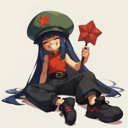 score_9, score_8_up, score_7_up BREAK FangMali, 1girl, dark blue hair, closed eyes, green hat with red star, sleeveless chinese shirt, black belt, black pants, black chinese shoes, smiling at viewer,