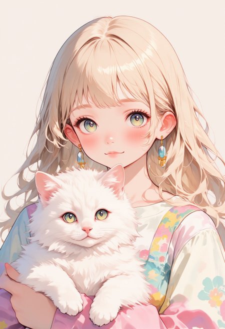 A soft anime-style illustration of a girl with flowing light hair holding a fluffy white cat. Both have gentle, expressive green eyes. The scene is lit with a pastel color palette dominated by soft pinks, whites, and creams. The lines are delicate and clean, with a focus on capturing a serene and tender atmosphere