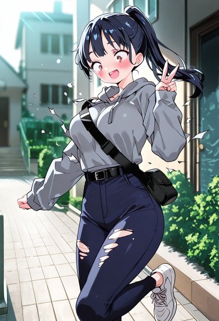 (masterpiece, best quality:1.2, very aesthetic, absurdres, amazing quality, very aesthetic, high resolution, ultra-detailed), soft_lighting, soft_skin_tone, blurry background, addmicrodetails, dutch angle, 
BREAK
1girl, Yamada_Anna, brown eyes, black hair, long hair, ponytail, bluish grey hoodie with "BKYB" written in white, sleeves past wrists, dark blue pants, belt bag, white sneakers, 
smile, standing on one leg, v, exploding clothes ,torn clothes, surprised, blush, looking down, wide-eyed, constricted pupils, open mouth, emphasis lines, wind, 
BREAK 
entrance to a building, bushes, stairs, sidewalk,