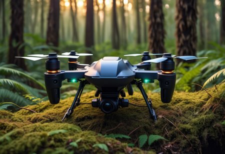 award winning, (professional photo) of (lightweight palm-sized camouflaged drone) with stealth-coating body, electric motors, VTOL capabilities,  stabilizing gyroscopes,  the drone is flying over  a dense forest, with bioluminescent plants, hidden paths, wood creatures, an enchanting ambiance, at sunset, , creative, beautiful, vibrant, masterpiece, 64k, UHD, HDR, full view, atmospheric lighting, extremely detailed