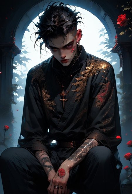 score_9, score_8_up, score_7_up, masterpiece, ultra-realistic 8k, (best quality), (lots of details), (intricate details), (male focus), (knee shot), muted colors, (solo), 1boy, (tattoo:1.2), masculine, (muscule:0.5), scratches, blood, naked, perfect hand, perfect fingers, erection penis, testicles, arms up, hair slicked back, (short hair), (undercut hair), looking at viewer, vines, roses, petals, night, neon light, highres textures, glowing, neon, dark theme