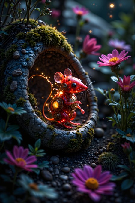 A hyper-realistic portrait, photorealistic photo close-up image of  A tiny, intricately detailed clockwork mouse, its gears and cogs visible through its translucent, ruby-red body, perched inside the hollow of a large, moss-covered stone in an enchanted garden. The mouse, no bigger than a real one, has tiny, glowing eyes and a tail made of fine, golden wires that twitch with lifelike precision. The stone, half-buried in the earth, is covered in soft, velvety moss and surrounded by vibrant, blooming flowers that seem to lean toward the mouse as if drawn to its light. The garden, bathed in the soft glow of twilight, is filled with the gentle hum of insects and the sweet scent of night-blooming flowers. As the mouse moves, its gears click softly, and tiny sparks of light escape from its body, illuminating the hollow in which it sits. The scene is a delicate blend of the natural and the mechanical, where the clockwork mouse adds a touch of whimsy and magic to an otherwise serene, natural setting. The juxtaposition of the unusual mouse in the usual garden setting creates a captivating image of life and artifice intertwined. (photography, high-resolution, dynamic, energetic,hyper-realistic, dramatic lighting, shallow depth of field.), detailmaximizer, MythP0rt<lora:midjourney_whisper_flux_lora_v01:0.55><lora:aidmaMJ6.1-FLUX-V0.1:0.4><lora:FluxMythP0rtr4itStyle:0.4><lora:detailed_flux_ntc:2.2><lora:aidmaImageUpgrader-FLUX-V0.1:0.65>